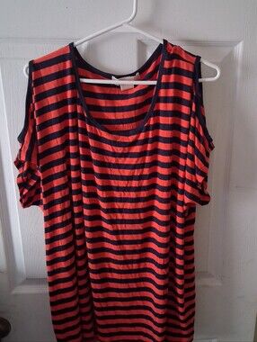 Michael Kors - Women's Casual Orange/Navy Blue Cold Shoulder Striped 3X Blouse
